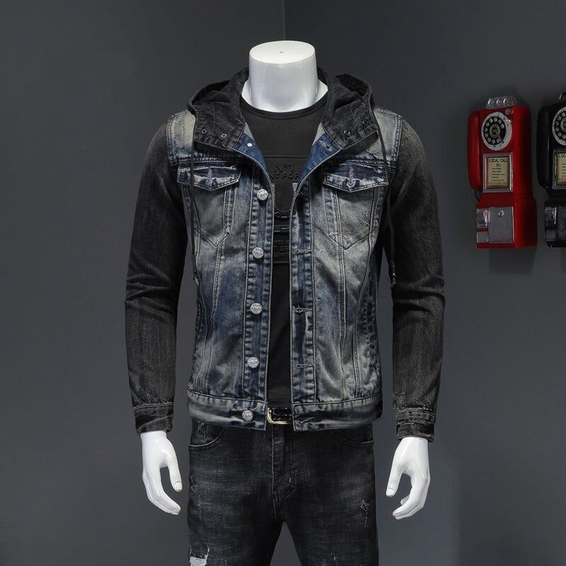 Europeisk Stil Hooded Colorblock Bomber Pilot Blå Jeansjacka Herr Jeans Kappor Motorcykel Casual Slim Ytterkläder Överrock - Denim Blå