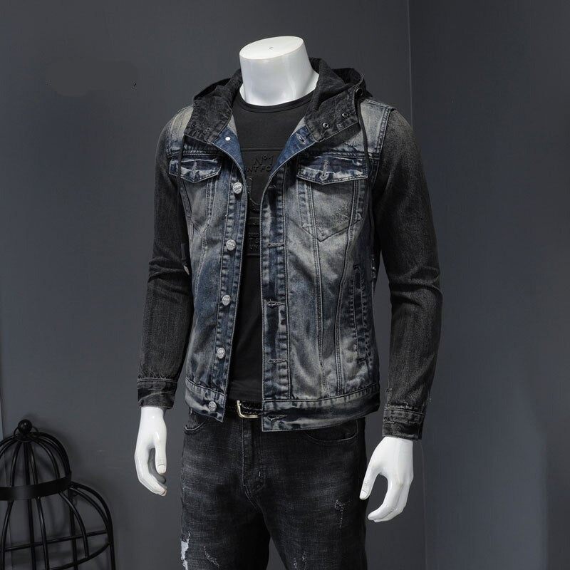 Europeisk Stil Hooded Colorblock Bomber Pilot Blå Jeansjacka Herr Jeans Kappor Motorcykel Casual Slim Ytterkläder Överrock - Denim Blå