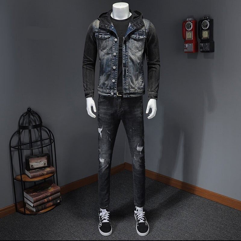 Europeisk Stil Hooded Colorblock Bomber Pilot Blå Jeansjacka Herr Jeans Kappor Motorcykel Casual Slim Ytterkläder Överrock - Denim Blå