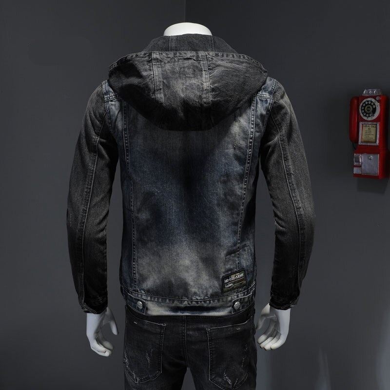 Europeisk Stil Hooded Colorblock Bomber Pilot Blå Jeansjacka Herr Jeans Kappor Motorcykel Casual Slim Ytterkläder Överrock - Denim Blå