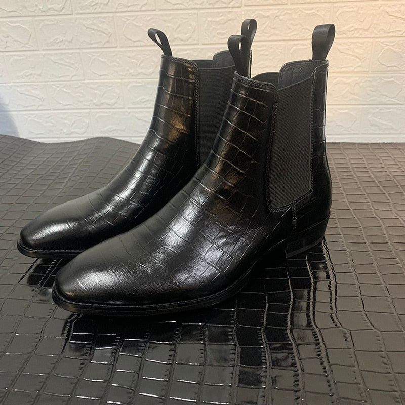 Exklusiv Slip-on Paris Stone Mönster Catwalk Wedge Handgjorda Chelsea Boots I Läder - Svart