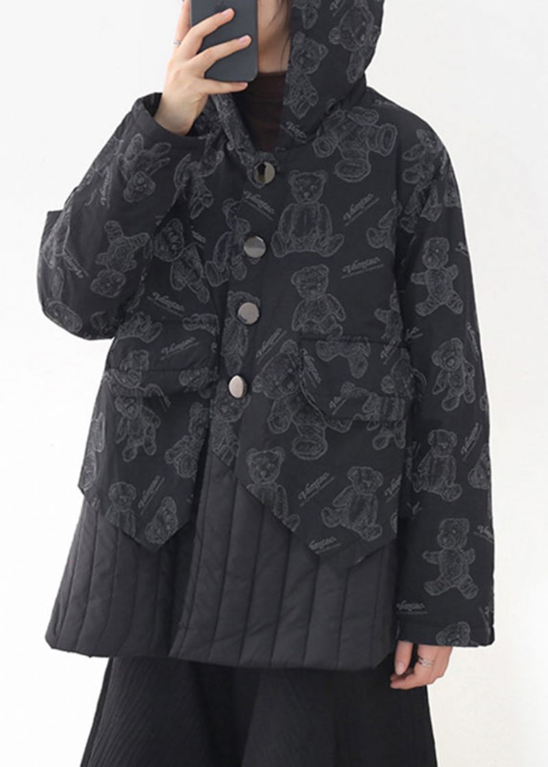 Fashion Black Button Patchwork Print Fickor Hooded Parka Long Sleeve