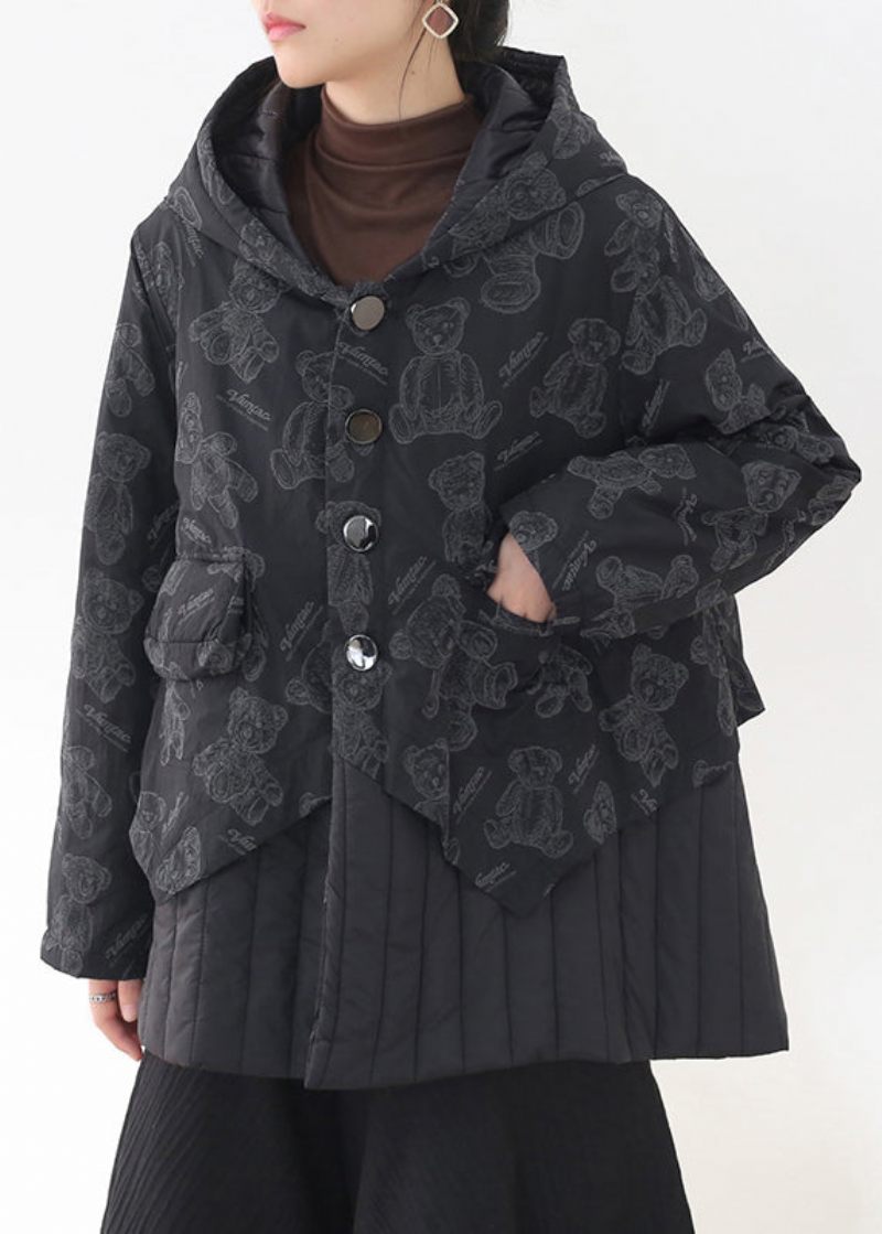 Fashion Black Button Patchwork Print Fickor Hooded Parka Long Sleeve - Dunjackor för kvinnor