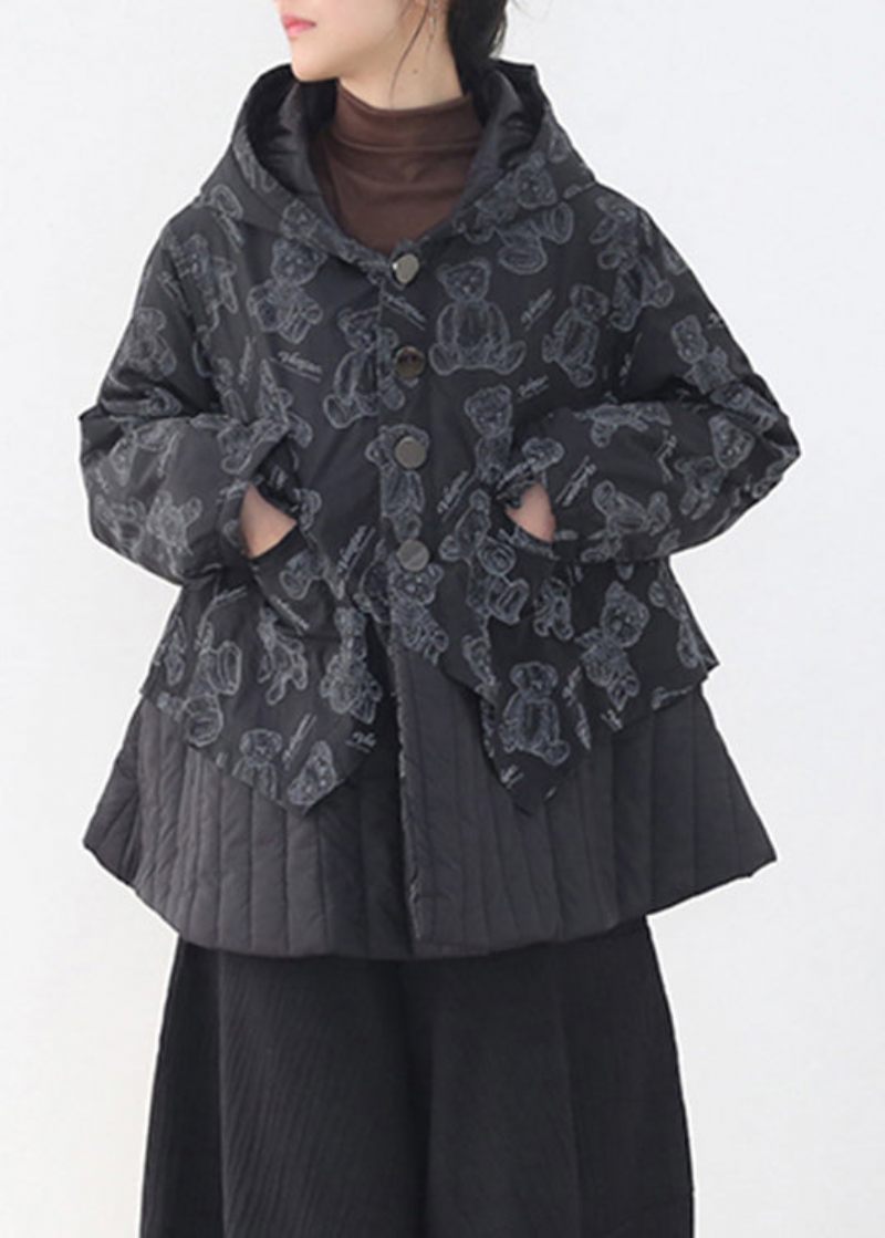 Fashion Black Button Patchwork Print Fickor Hooded Parka Long Sleeve - Dunjackor för kvinnor