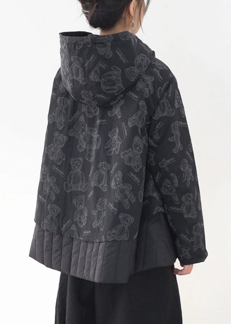 Fashion Black Button Patchwork Print Fickor Hooded Parka Long Sleeve - Dunjackor för kvinnor