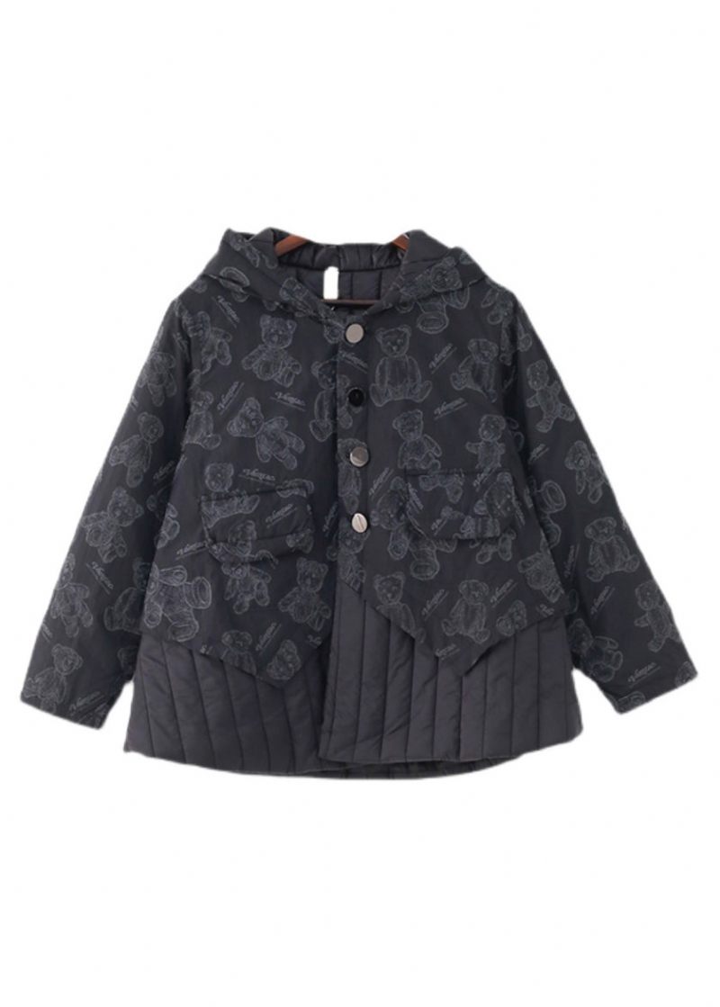 Fashion Black Button Patchwork Print Fickor Hooded Parka Long Sleeve - Dunjackor för kvinnor