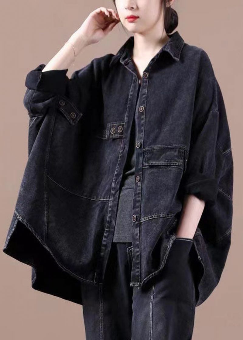 Fashion Black Loose Button Patchwork Asymmetrisk Design Fall Denim Långärmad Blus Toppar