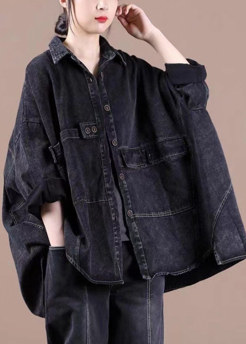 Fashion Black Loose Button Patchwork Asymmetrisk Design Fall Denim Långärmad Blus Toppar - Vinterkappor för kvinnor