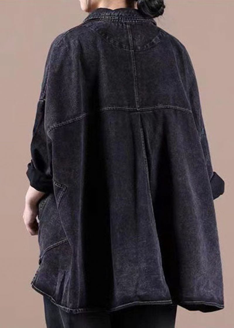 Fashion Black Loose Button Patchwork Asymmetrisk Design Fall Denim Långärmad Blus Toppar - Vinterkappor för kvinnor