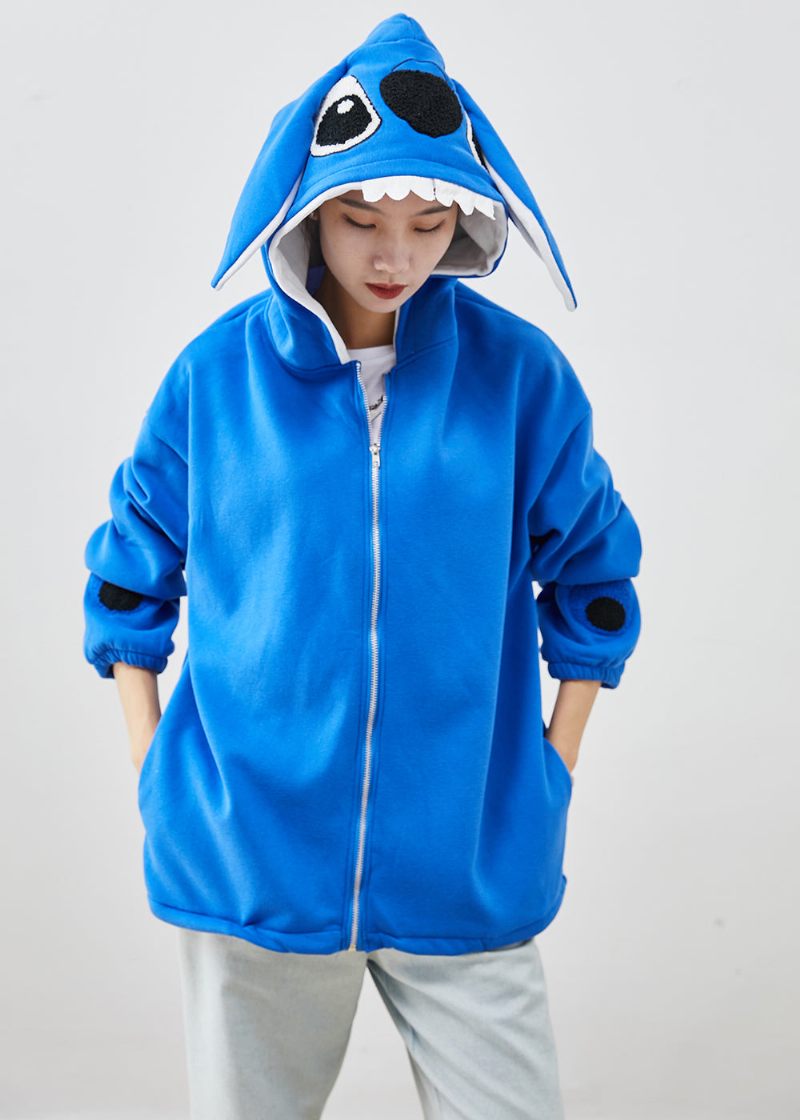 Fashion Blue Hooded Stitch Cotton Coat Fall - Vinterkappor för kvinnor