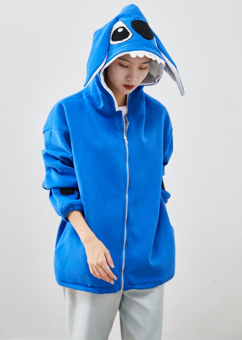 Fashion Blue Hooded Stitch Cotton Coat Fall - Vinterkappor för kvinnor