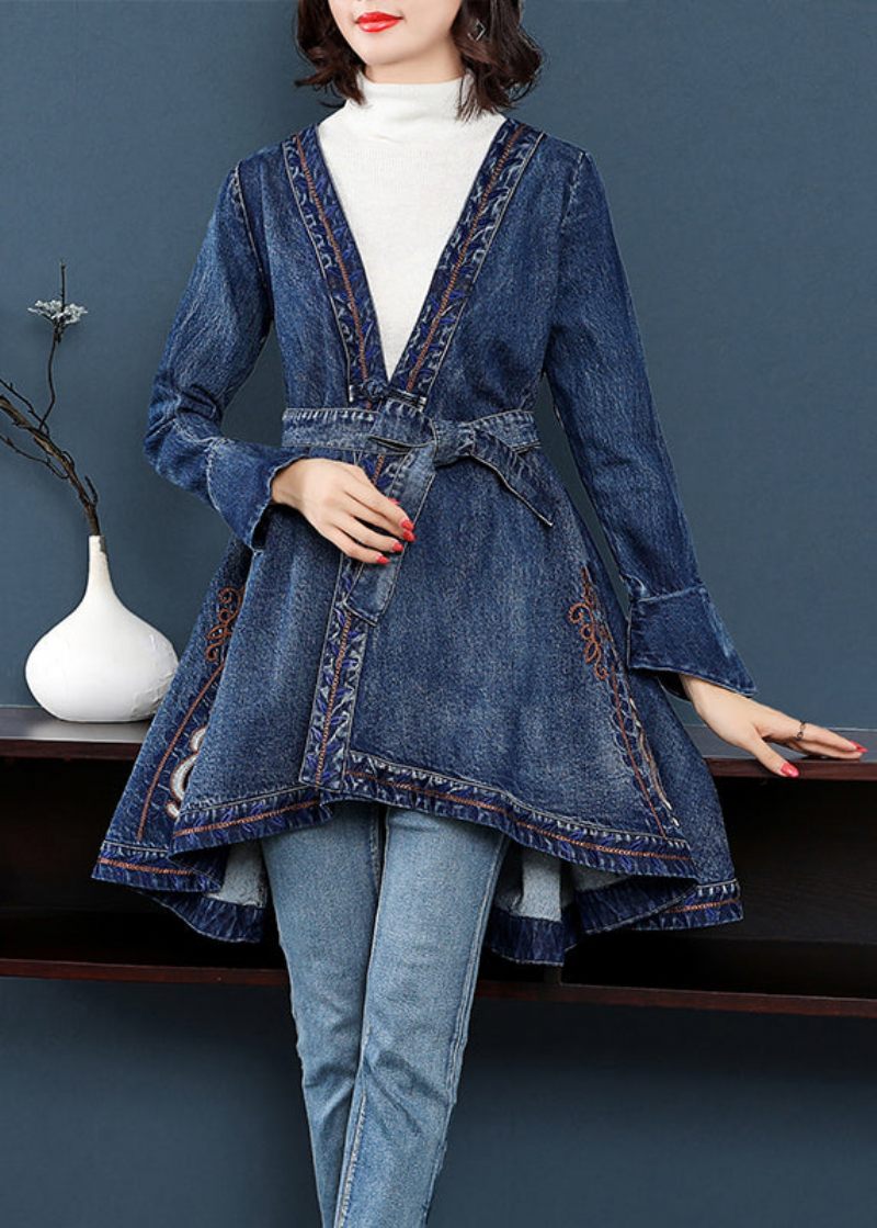 Fashion Blue Låg Hög Design V-hals Broderad Bomull Denim Trenchcoats Långärmad - Trenchcoats för kvinnor