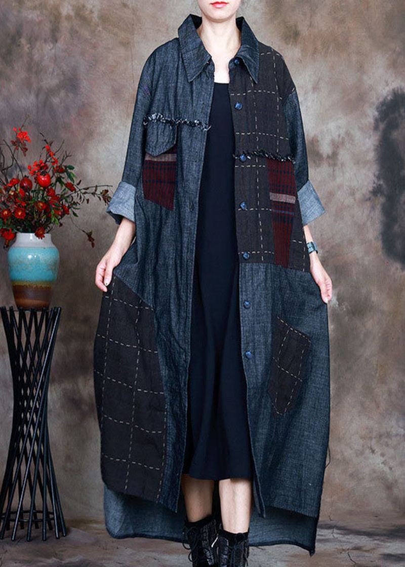 Fashion Blue Peterpan Krage Pläd Patchwork Denim Vinterkappa - Trenchcoats för kvinnor