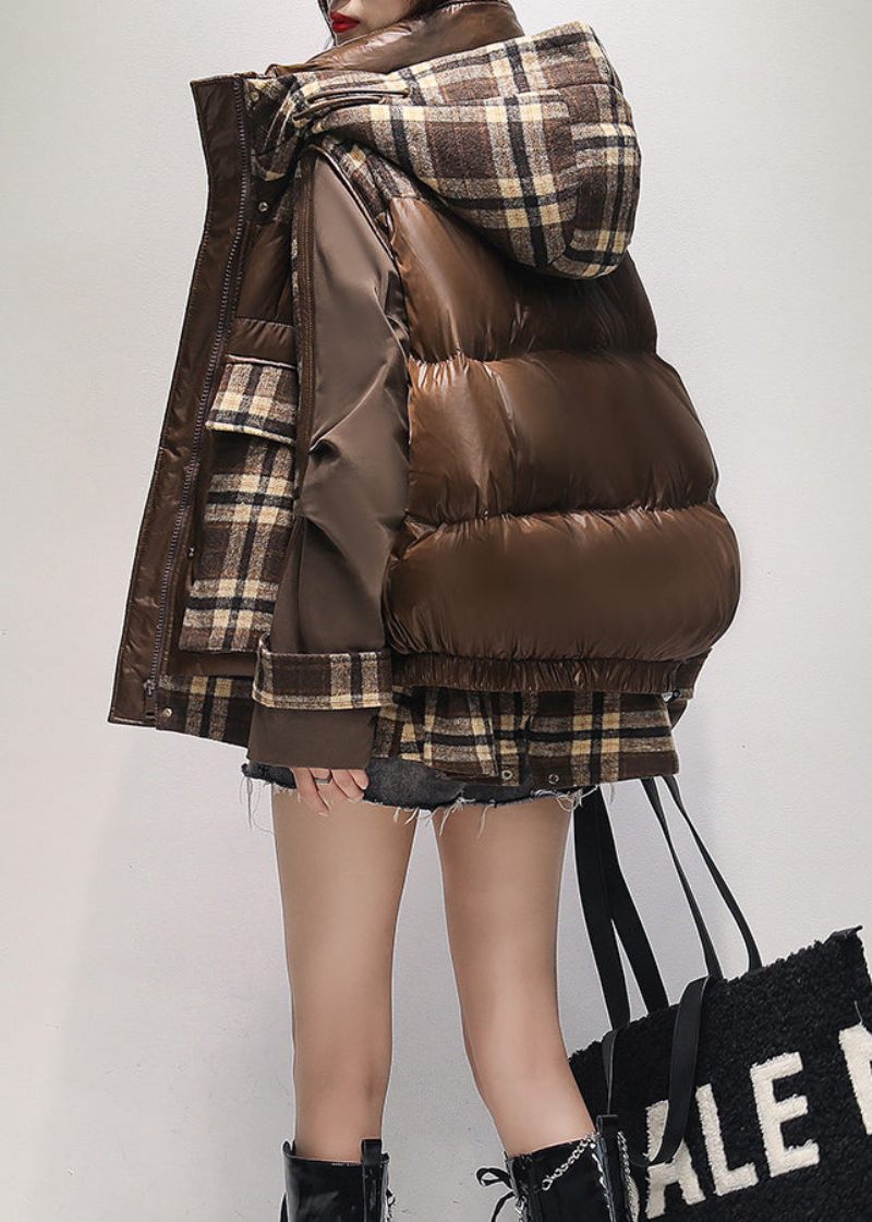 Fashion Coffee Hooded False Two Pieces Duck Down Puffer Jacka Winter