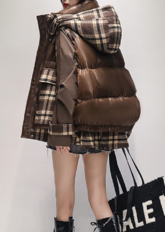 Fashion Coffee Hooded False Two Pieces Duck Down Puffer Jacka Winter