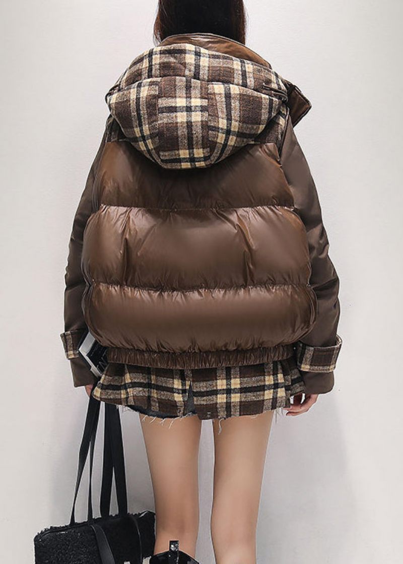 Fashion Coffee Hooded False Two Pieces Duck Down Puffer Jacka Winter - Dunjackor för kvinnor