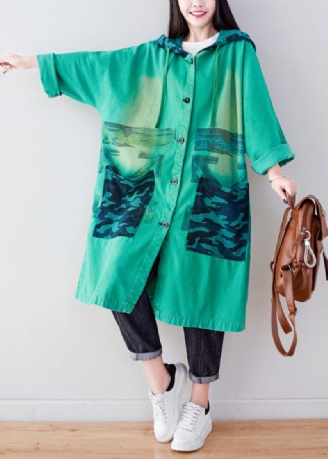 Fashion Green Hooded Print Coat Hoodie Spring