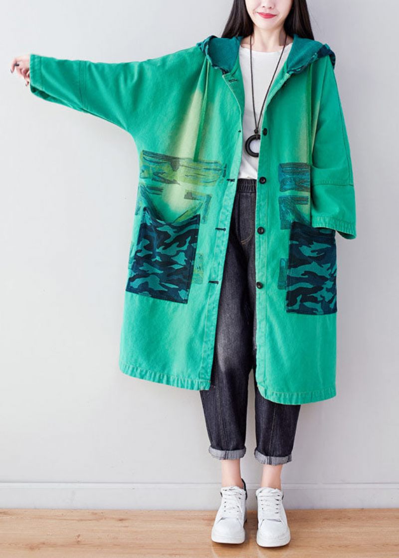 Fashion Green Hooded Print Coat Hoodie Spring - Vinterkappor för kvinnor