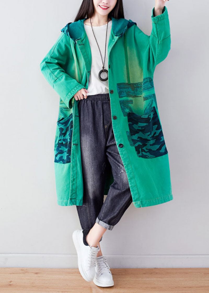 Fashion Green Hooded Print Coat Hoodie Spring - Vinterkappor för kvinnor