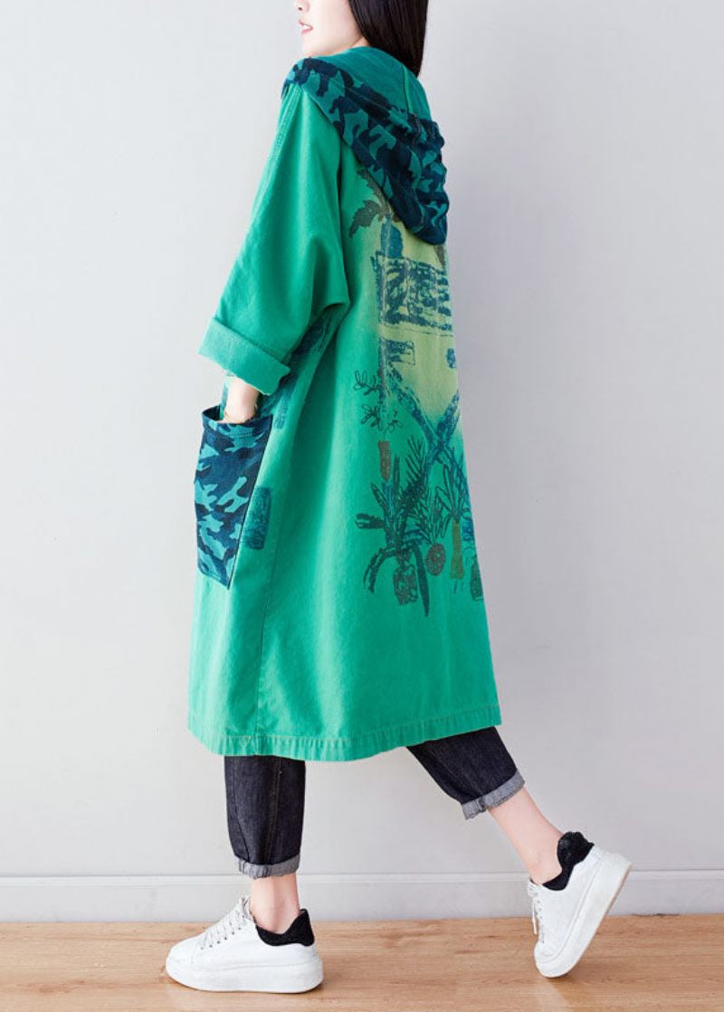 Fashion Green Hooded Print Coat Hoodie Spring - Vinterkappor för kvinnor