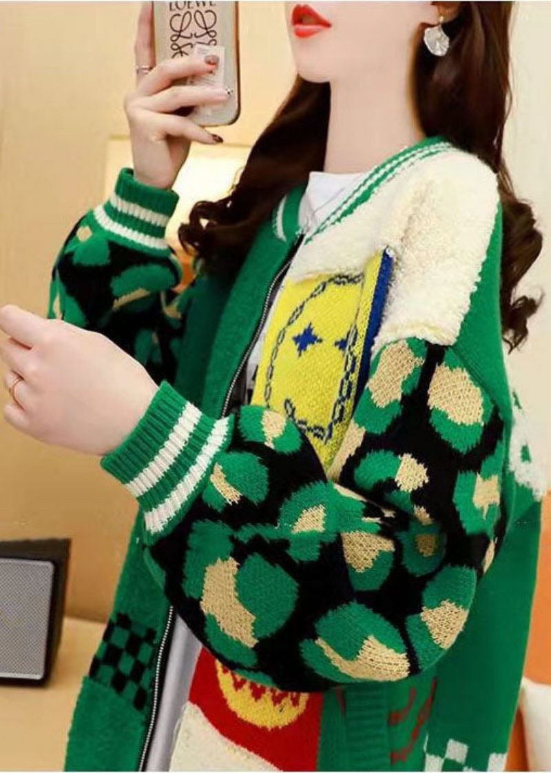 Fashion Green Oversized Patchwork Jacquard Knit Cardigans Spring - Koftor för kvinnor