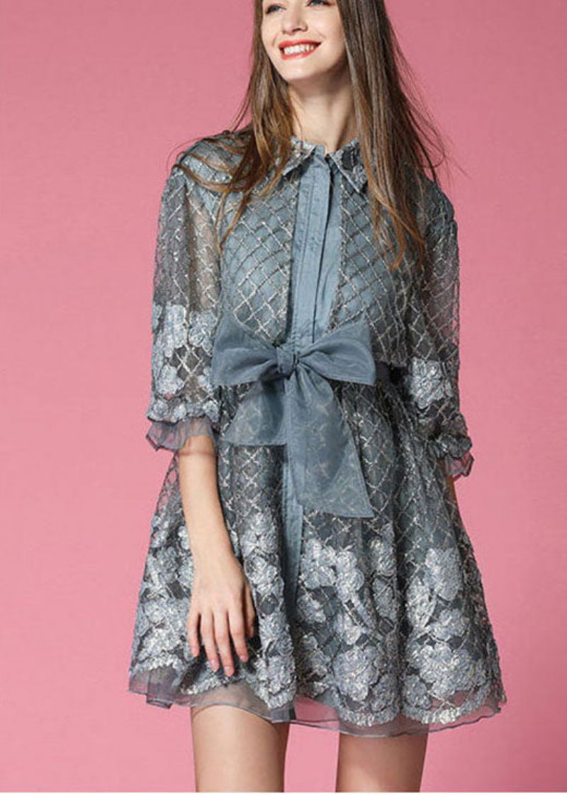 Fashion Grey Organza Patchwork Hollow Out Bow Midja Höst Halvärm Coat