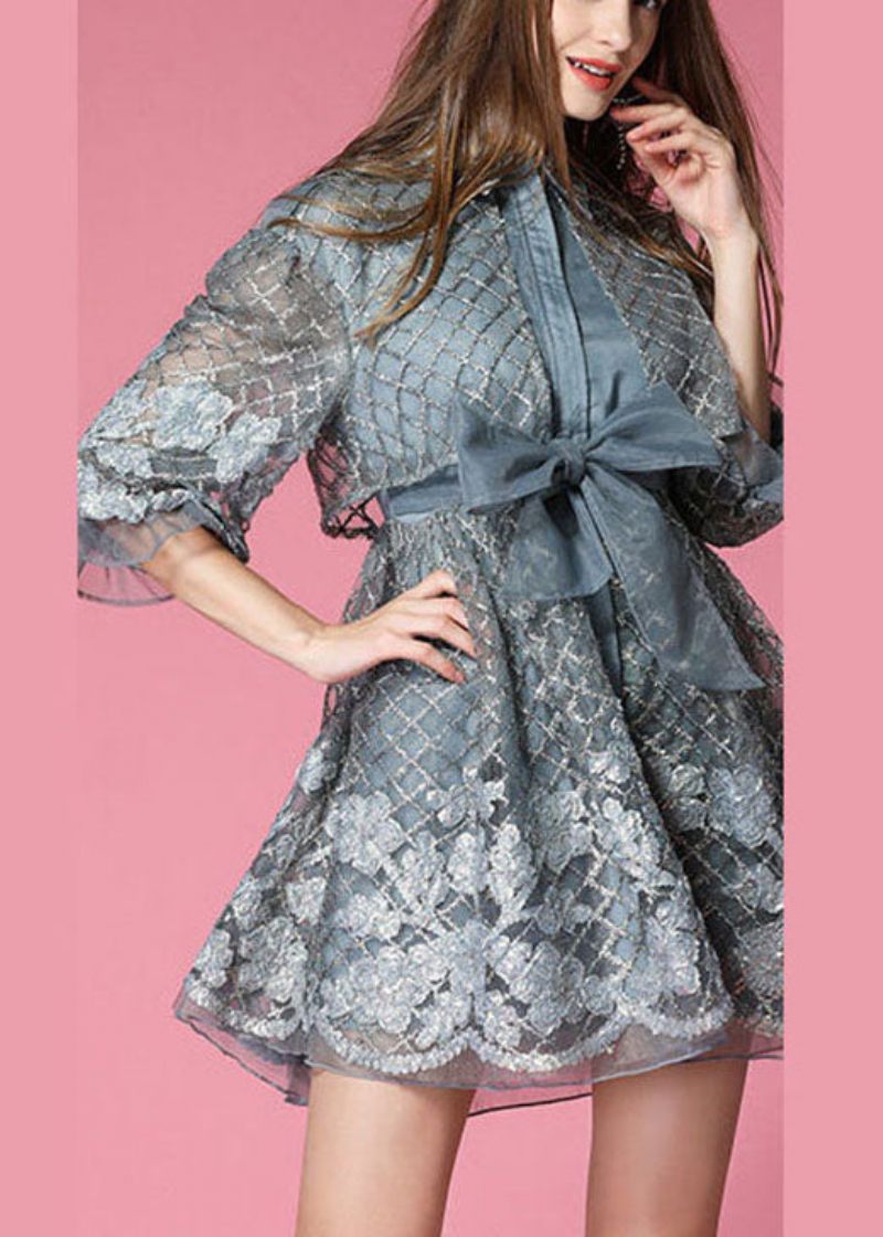 Fashion Grey Organza Patchwork Hollow Out Bow Midja Höst Halvärm Coat - Grå