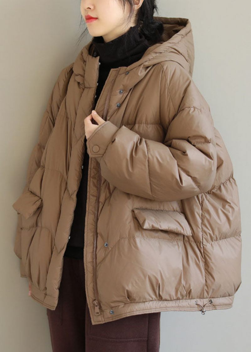 Fashion Khaki Hooded Dragkedja Fickor Winter Down Coat Långärmad