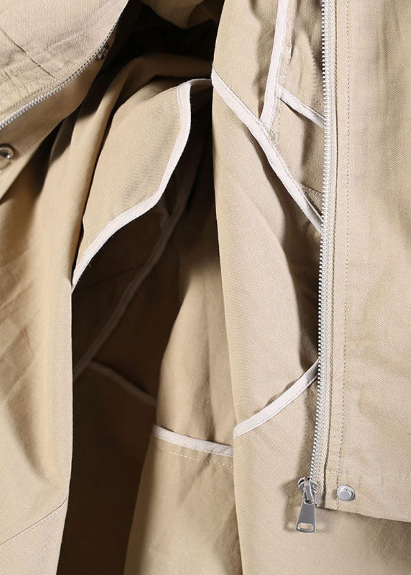 Fashion Khaki Zip Up Pockets Trenchcoats I Bomull Vår - Vinterkappor för kvinnor