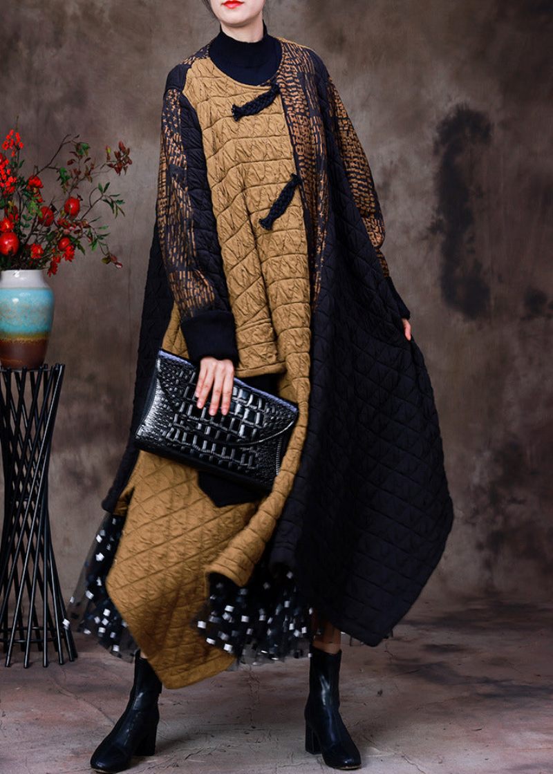 Fashion Yellow Patchwork Svart Asymmetrisk O-hals Tjock Maxi Coat Långärmad - Vinterkappor för kvinnor