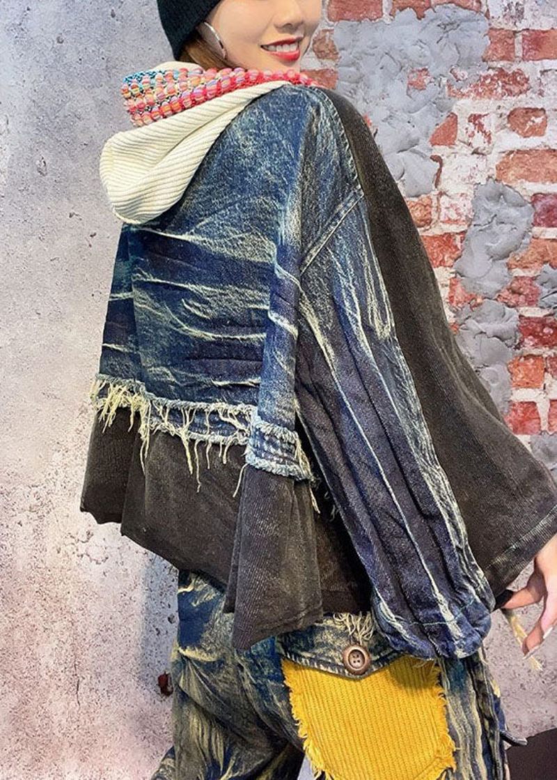 Figursydd Svart Luva Patchwork Fall Denim Långärmad Kappa - Svart