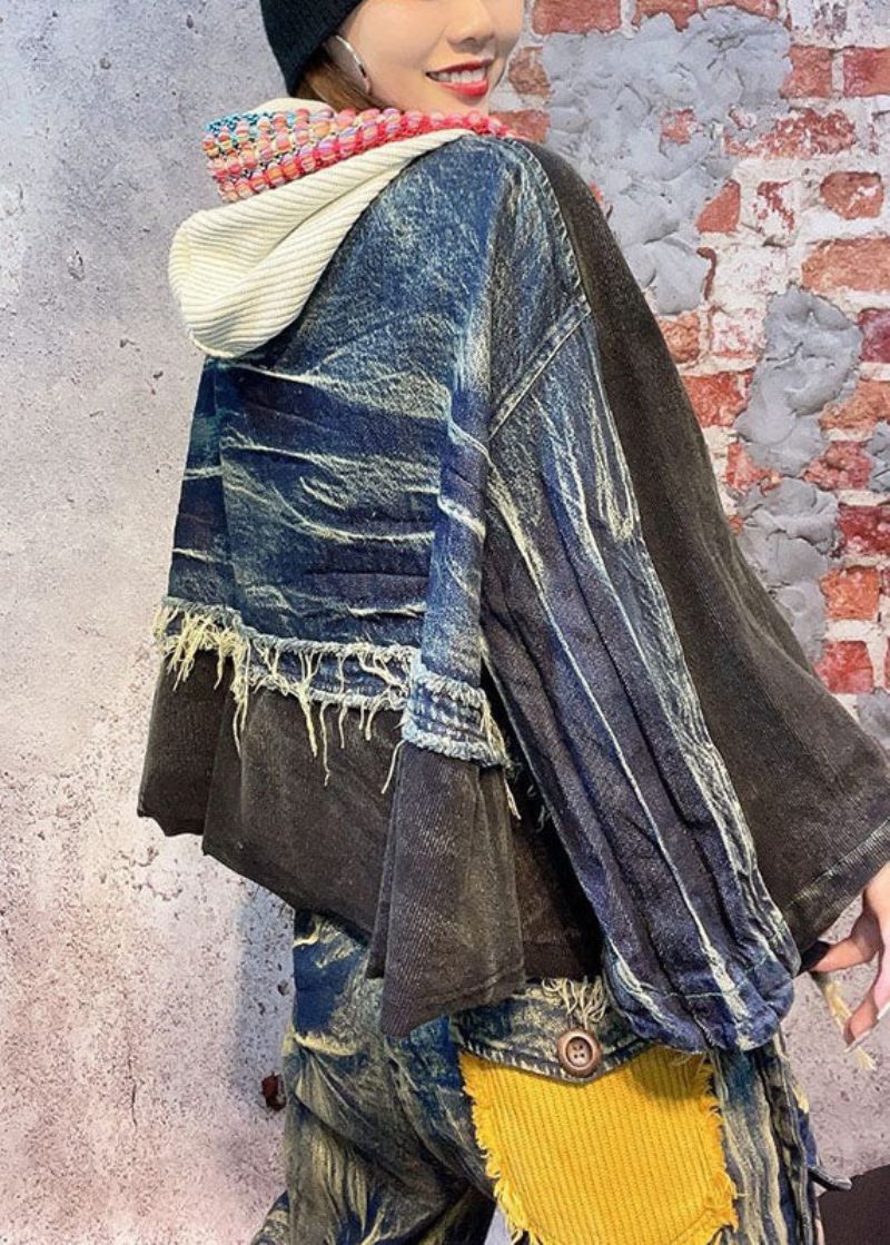 Figursydd Svart Luva Patchwork Fall Denim Långärmad Kappa - Svart