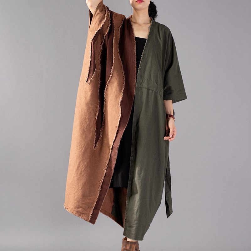 Fin Armégrön Kappa Oversize Patchwork Trenchcoat Modejackor Med Dragsko - Trenchcoats för kvinnor