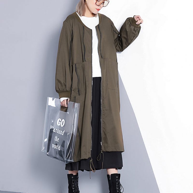 Fin Armégrön Kappa Plus Size Lång Med Stativ Krage Ny Cinched Baggy Trenchcoat