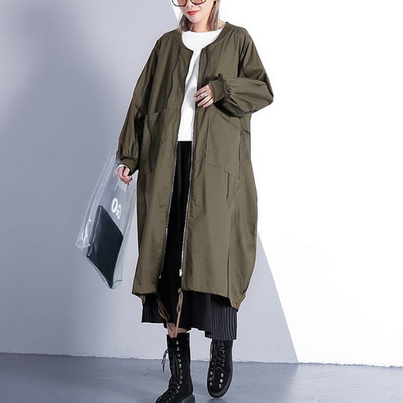 Fin Armégrön Kappa Plus Size Lång Med Stativ Krage Ny Cinched Baggy Trenchcoat - Grönt