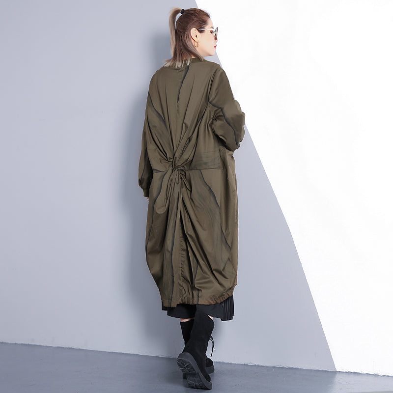 Fin Armégrön Kappa Plus Size Lång Med Stativ Krage Ny Cinched Baggy Trenchcoat - Grönt