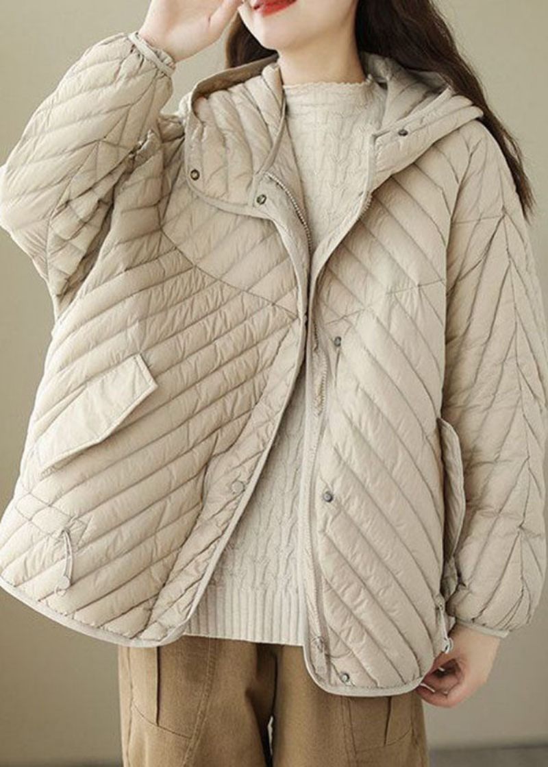 Fin Beige Hooded Dragstring Duck Down Puffer Coat Vinter - Dunjackor för kvinnor