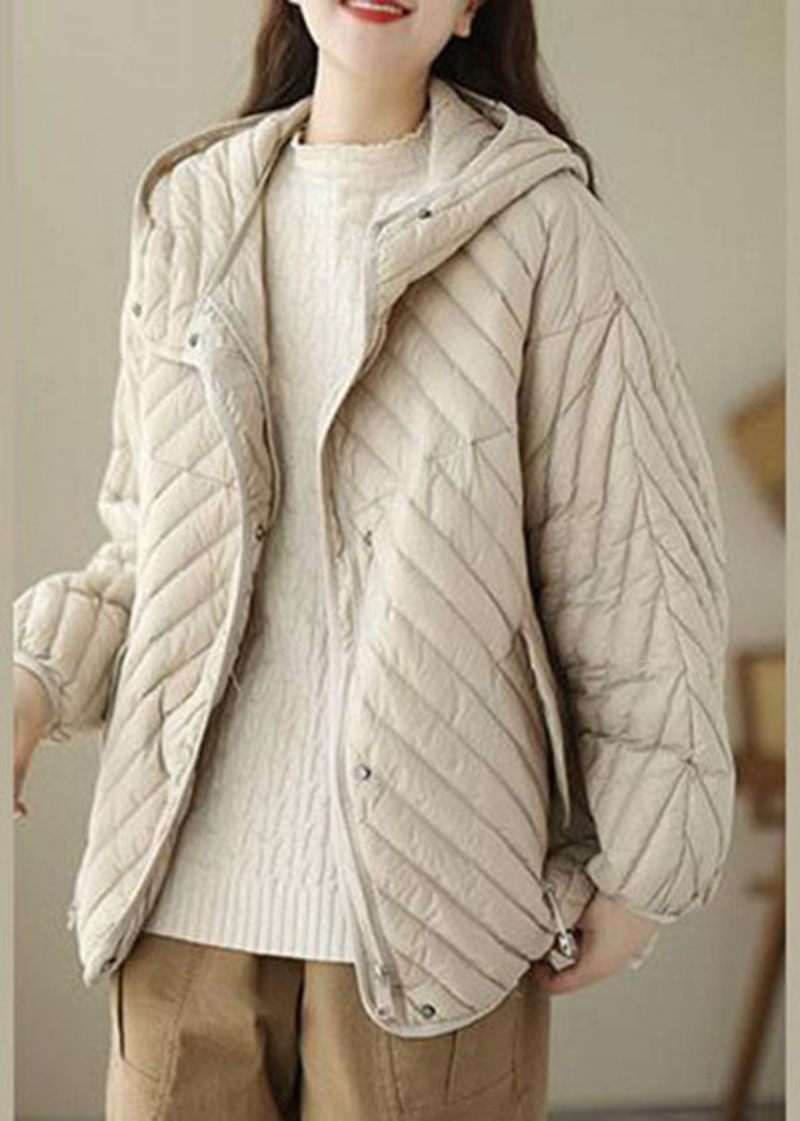 Fin Beige Hooded Dragstring Duck Down Puffer Coat Vinter - Dunjackor för kvinnor