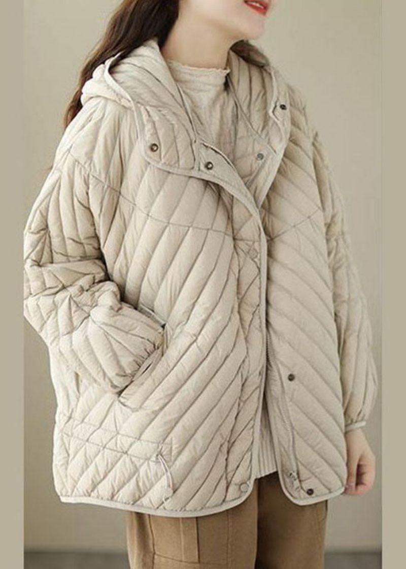 Fin Beige Hooded Dragstring Duck Down Puffer Coat Vinter - Dunjackor för kvinnor