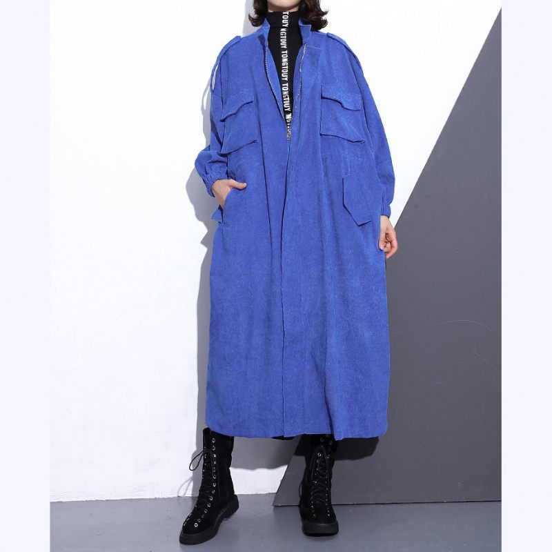 Fin Blå Lång Kappa Plus Size Stativ Trenchcoat Med Dragkedja I Boutique Långärmade Fickor Baggy Långa Kappor