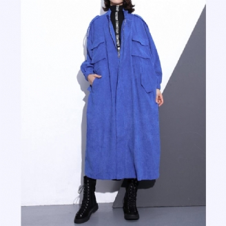 Fin Blå Lång Kappa Plus Size Stativ Trenchcoat Med Dragkedja I Boutique Långärmade Fickor Baggy Långa Kappor