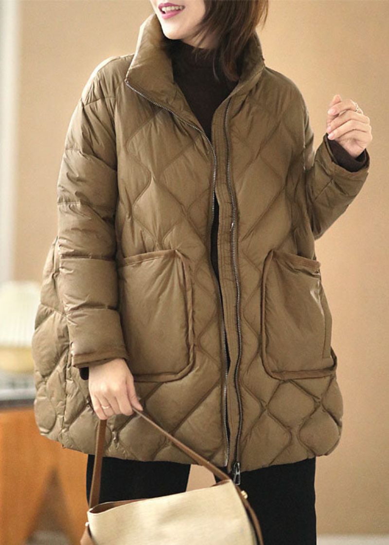 Fin Khaki Zip Up Oversized Tjocka Stora Fickor Duck Down Puffer Jacka Vinter