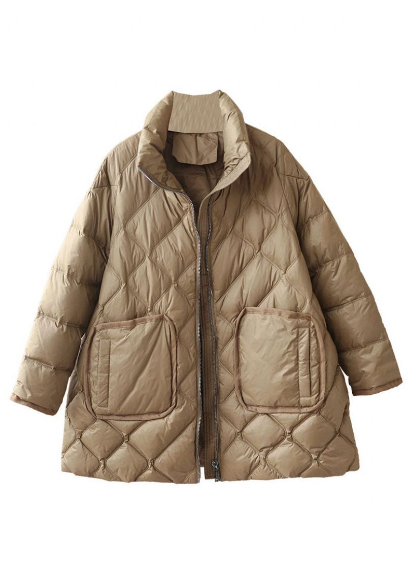 Fin Khaki Zip Up Oversized Tjocka Stora Fickor Duck Down Puffer Jacka Vinter - Dunjackor för kvinnor