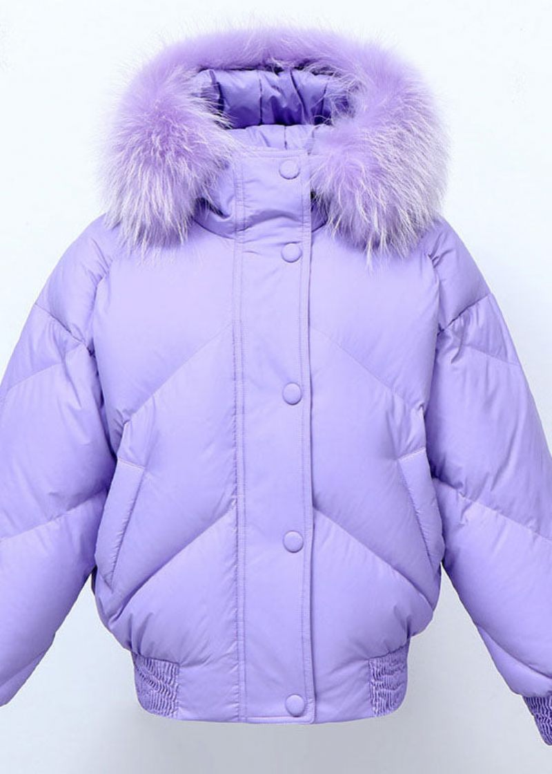 Fin Lila Pälskrage Med Luva Loose Winter Duck Down Puffer Jacka - Lila