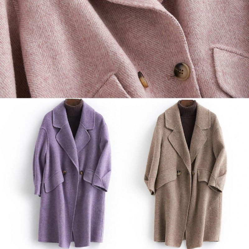 Fin Rosa Ullkappa Med Skåror För Kvinnor I Oversize Mellanlånga Fickor - Trenchcoats för kvinnor