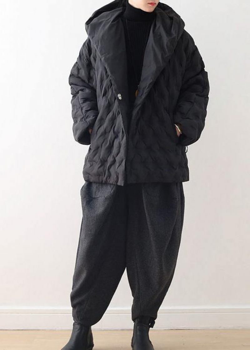 Fin Svart Shortgoose Dunkappa Oversize Huva Dam Parkas Tie Midjavarma Jackor - Dunjackor för kvinnor