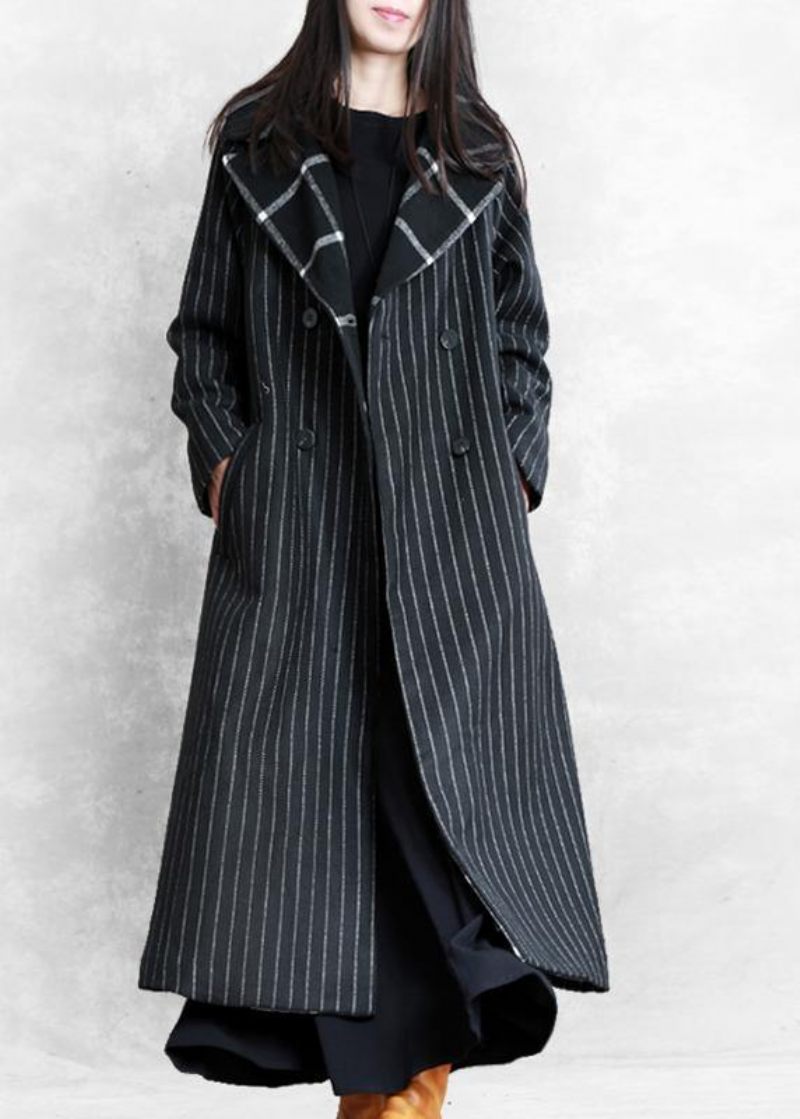 Fin Svartrandig Ullkappa Oversized Trenchcoat Naggad Patchwork