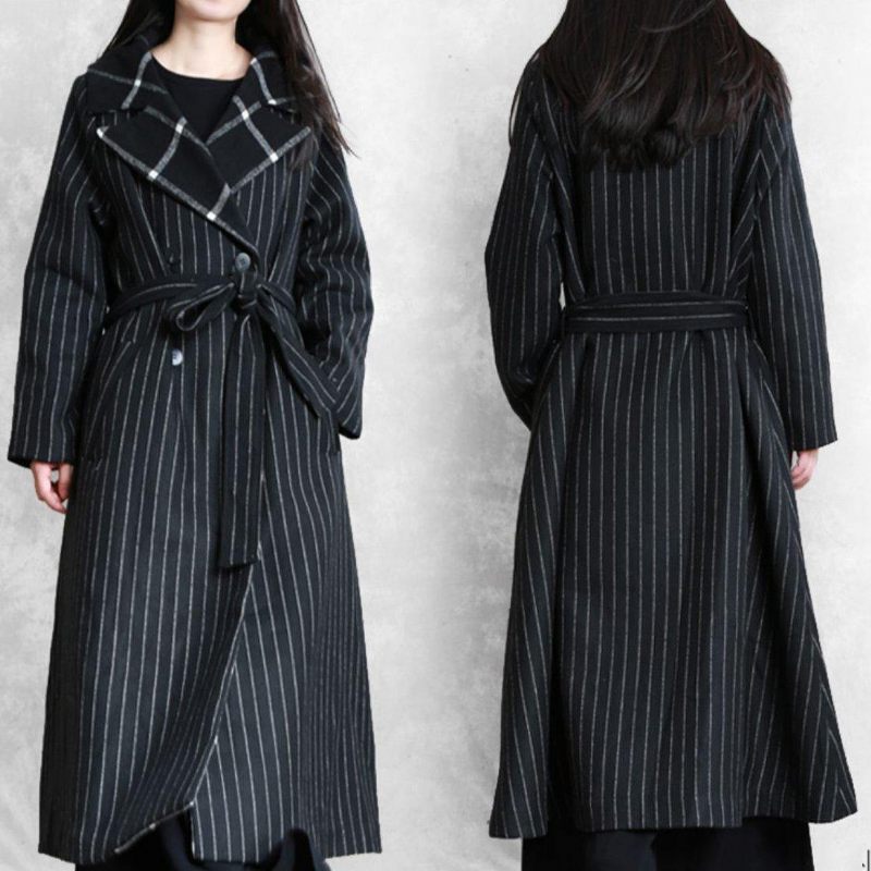 Fin Svartrandig Ullkappa Oversized Trenchcoat Naggad Patchwork - Trenchcoats för kvinnor