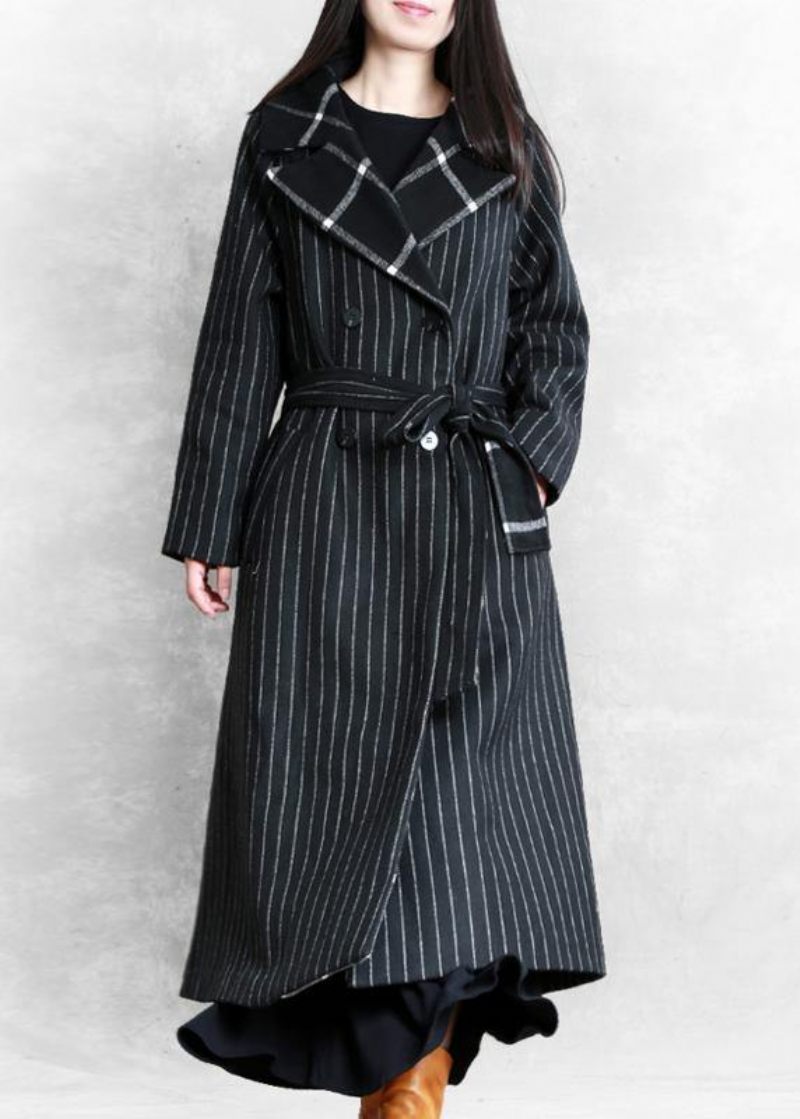 Fin Svartrandig Ullkappa Oversized Trenchcoat Naggad Patchwork - Trenchcoats för kvinnor