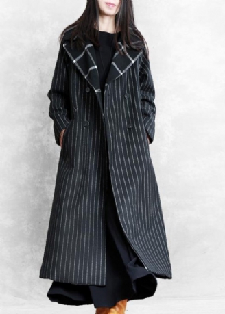 Fin Svartrandig Ullkappa Oversized Trenchcoat Naggad Patchwork